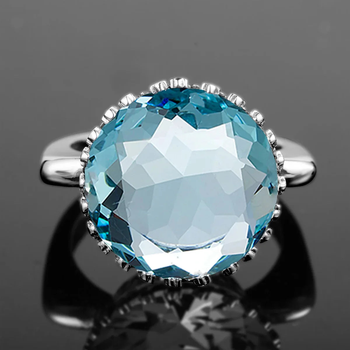Vintage 100% 925 Sterling Silver 15ct Round Created Aquamarine Ring For Women Famous Branded Handmade Fine Jewelery 2024