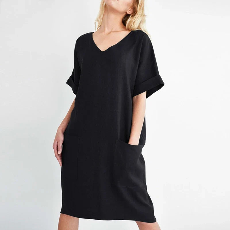 Women Casual Short Sleeve V Neck Cotton Linen Loose Dress Vintage Solid Pockets Oversized Dress Elegant Beach Holiday Mini Dress
