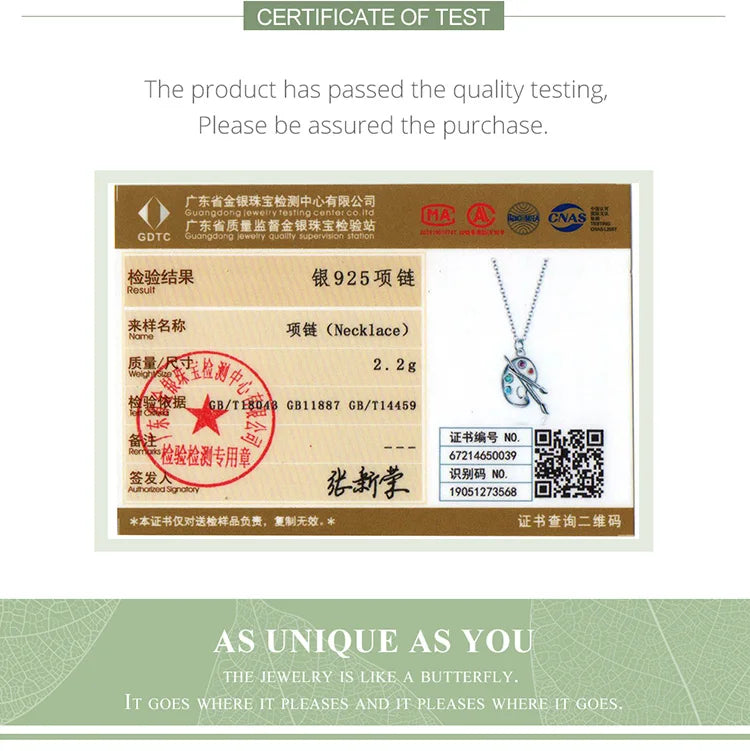 925 Sterling Silver Color Palette Necklace Chain Zircon Crystal Art Brush for Women Fine Statement Jewelry SCN457