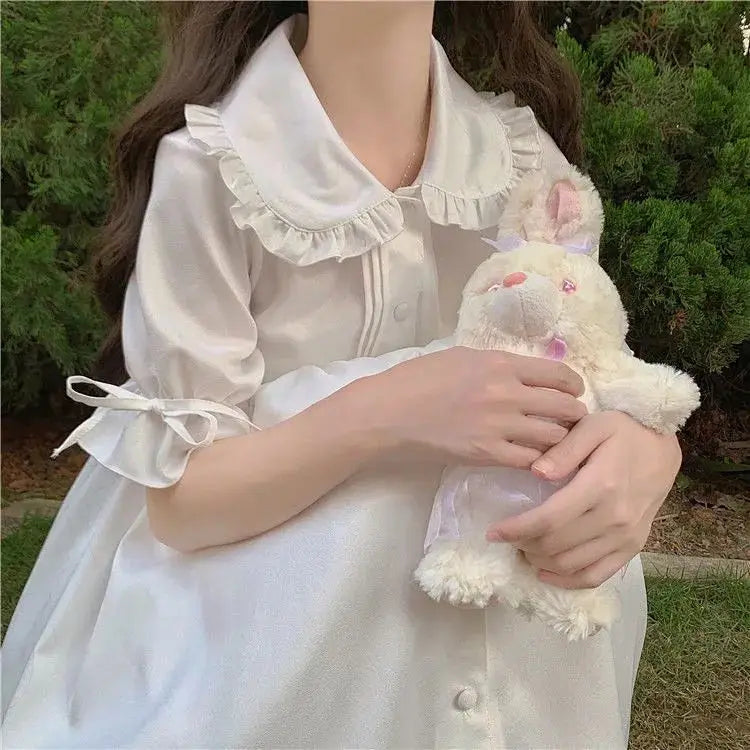 Japanese Sweet Girl Lolita Dress White 2021 Summer Kawaii Peter Pan Collar Cute Ruffle Puff Sleeve Drees Elegant Lady Dresses