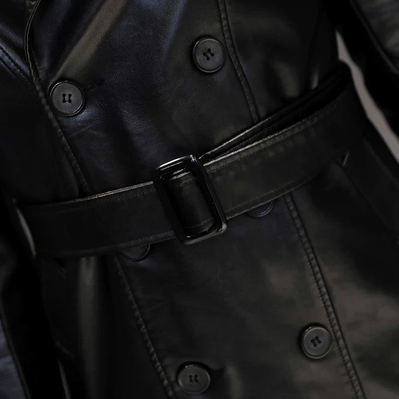 Autumn Black Faux Leather Trench Coat Men Long Sleeve Belt Double Breasted Brown Plus Size Men Clothing 2022 4xl 5xl