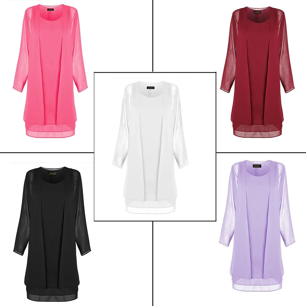 2 Pieces Chiffon Dress Set Women Casual Long Sleeve Solid Cardigan Dress Elegant Wedding Evening Party Dresses Clothing Vestidos