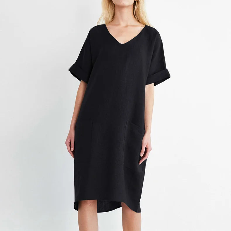 Women Casual Short Sleeve V Neck Cotton Linen Loose Dress Vintage Solid Pockets Oversized Dress Elegant Beach Holiday Mini Dress