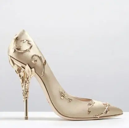 Elegant Silk Women Pumps 10CM High Heels Metal Flower Dec Wedding Shoes Pointed Toe High Heel Shoes Ladies Party Pumps Black