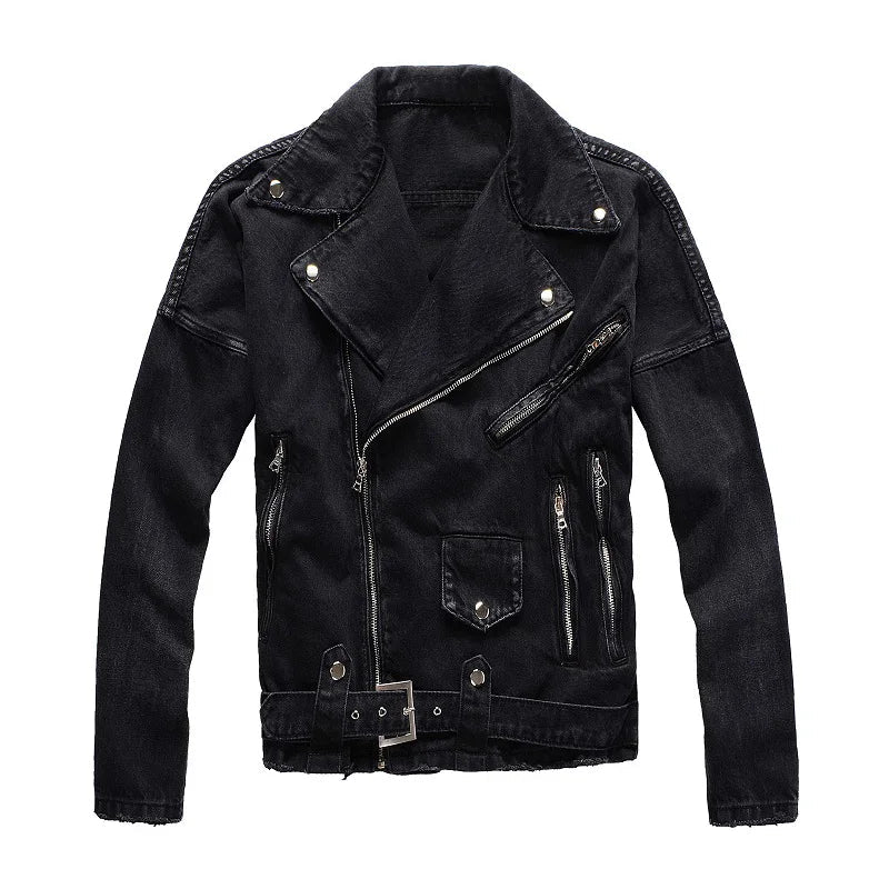 Men's Zippers Black Biker Jean Jacket Streetwear Thick Denim Slim Coat with Belt High Quality