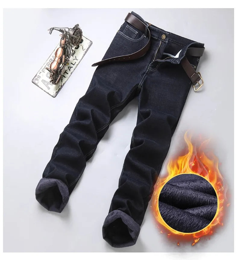 Winter New Men's Warm Blue Black Slim Jeans Classic Style Stretch Slim Fit Thick Pants Fashion Trousers Male Brand