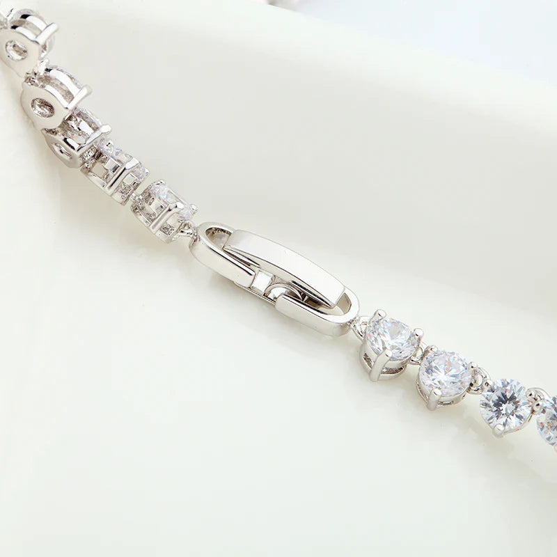 Silver Color 3 Prong Round Cubic Zirconia Necklace Earring Bridal Jewelry Set Simple Design Bride Wedding Accessories