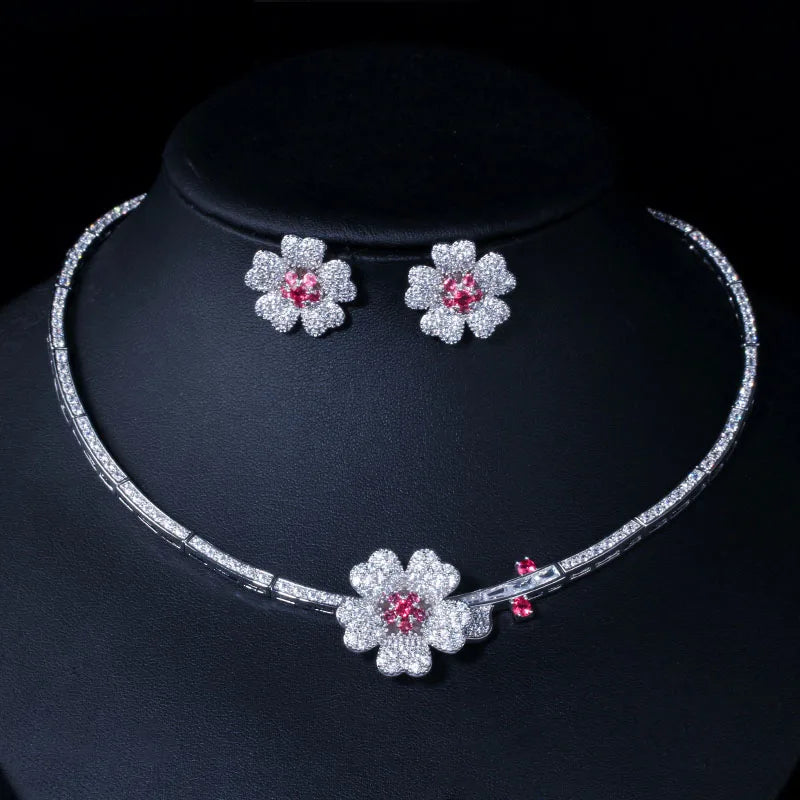 Druzy CZ Stone Big Red Flower Wedding Bridal Choker Necklace and Earrings Party Costume Jewelry Sets for Brides T0518