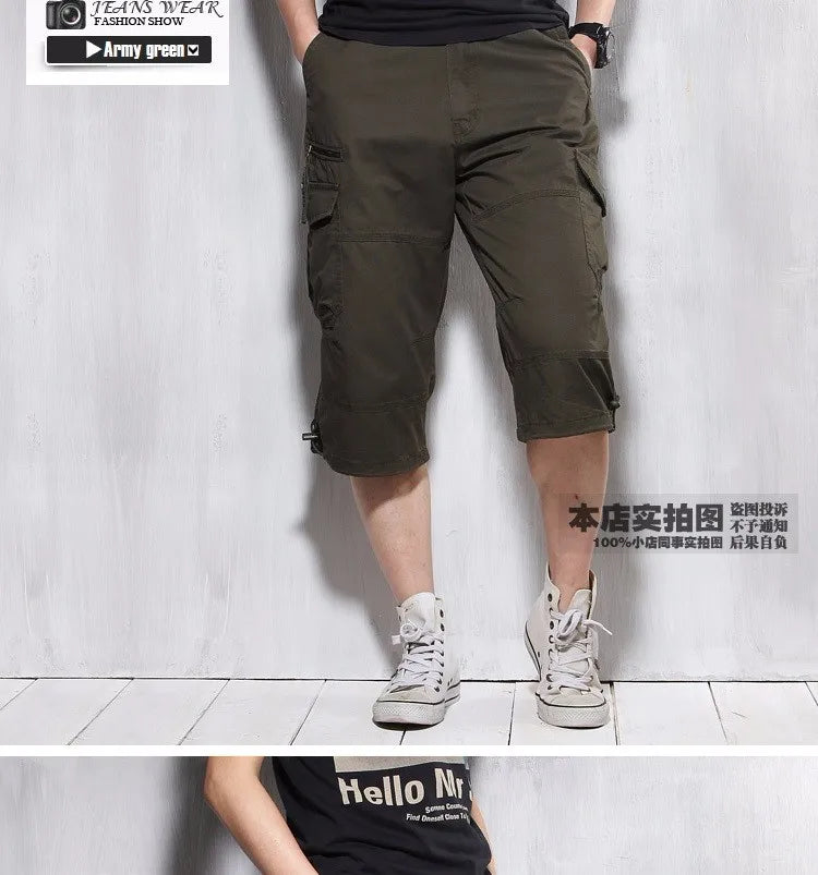 Male Shorts Multi Pocket Summer Loose Zipper Breeches Khaki Grey Plus Size Short Pant Casual Cotton Black Long Mens Cargo Shorts