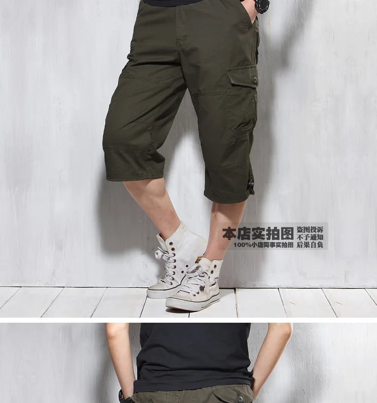 Male Shorts Multi Pocket Summer Loose Zipper Breeches Khaki Grey Plus Size Short Pant Casual Cotton Black Long Mens Cargo Shorts