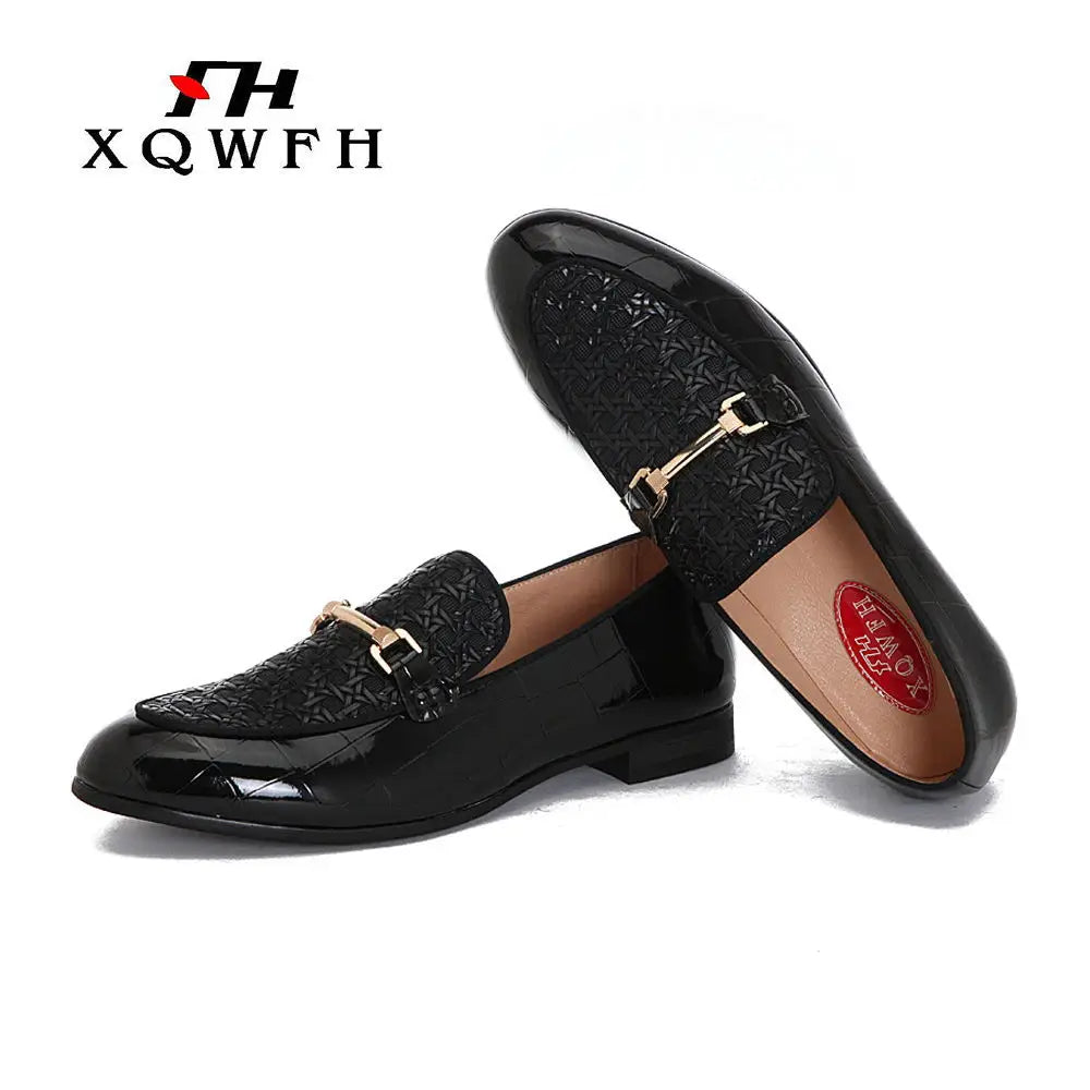 Men Black Leather Shoes Fashion Braid Patterns Casual Shoes Men's Loafers with Gold Chain Buckle Male Wedding Dress Shoes