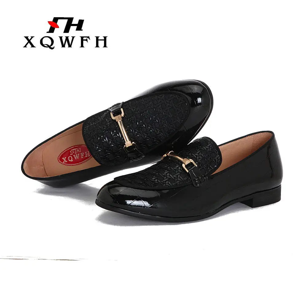 Men Black Leather Shoes Fashion Braid Patterns Casual Shoes Men's Loafers with Gold Chain Buckle Male Wedding Dress Shoes