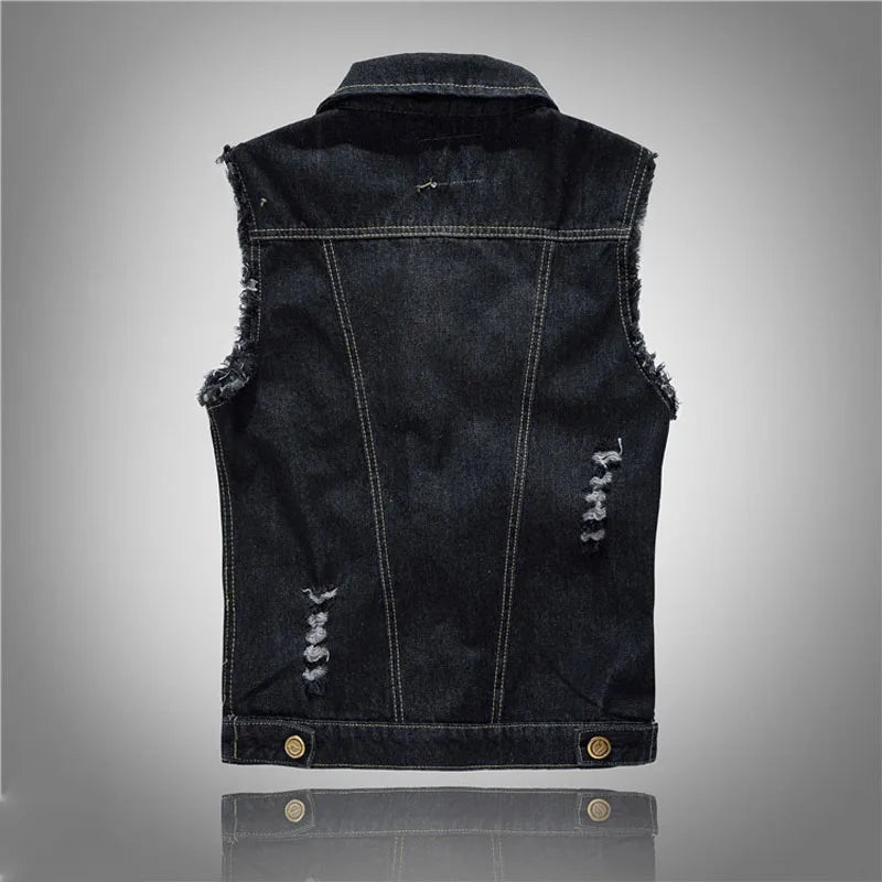 New Spring Autumn Vintage Design Men's Denim Vest Male Black Sleeveless Jackets Men Hole Jeans Brand Waistcoat 6XL,YA566