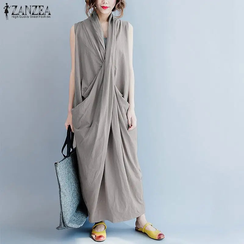 Oversize Asymmetrical Maxi Dress Women's Summer 2025 Holiday Sundress Female V Neck Draped Vestidos Rayon Robes Femme