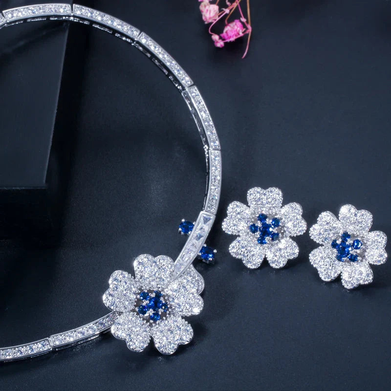 Druzy CZ Stone Big Red Flower Wedding Bridal Choker Necklace and Earrings Party Costume Jewelry Sets for Brides T0518