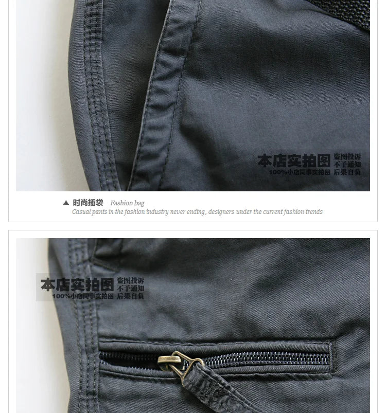 Male Shorts Multi Pocket Summer Loose Zipper Breeches Khaki Grey Plus Size Short Pant Casual Cotton Black Long Mens Cargo Shorts