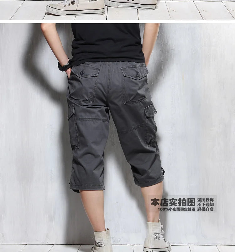 Male Shorts Multi Pocket Summer Loose Zipper Breeches Khaki Grey Plus Size Short Pant Casual Cotton Black Long Mens Cargo Shorts