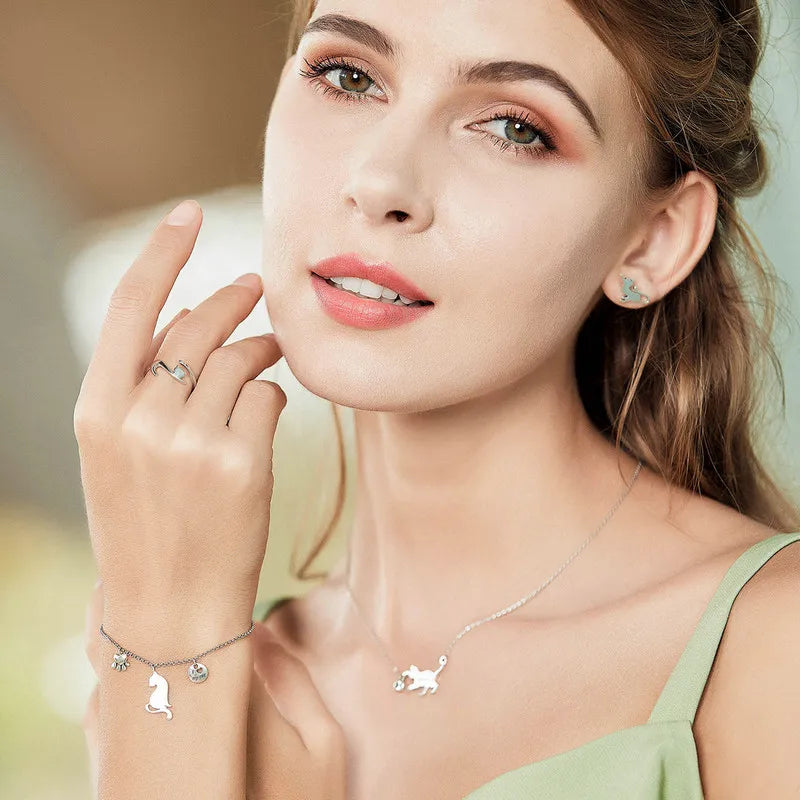 S925 Sterling Silver Cat Necklace Cute Silver Cat Pendant Collarbone Necklace for Women SCN232 3 Colors