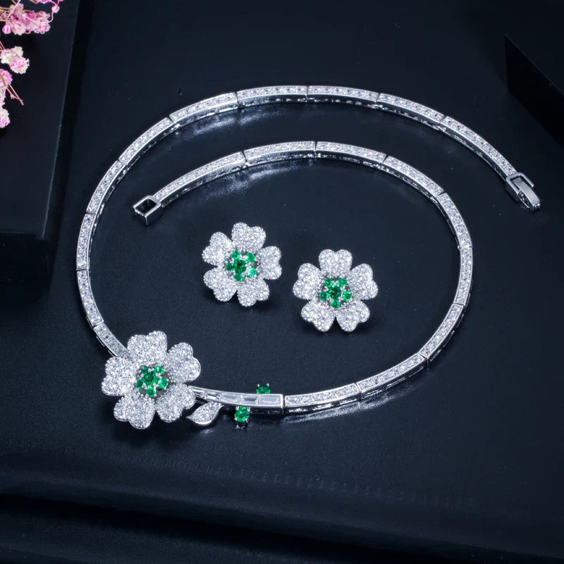 Druzy CZ Stone Big Red Flower Wedding Bridal Choker Necklace and Earrings Party Costume Jewelry Sets for Brides T0518