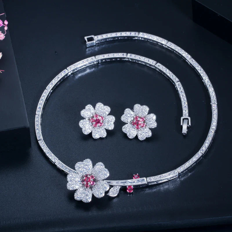 Druzy CZ Stone Big Red Flower Wedding Bridal Choker Necklace and Earrings Party Costume Jewelry Sets for Brides T0518
