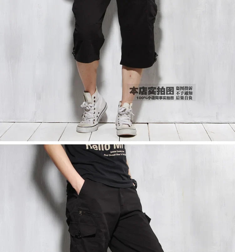 Male Shorts Multi Pocket Summer Loose Zipper Breeches Khaki Grey Plus Size Short Pant Casual Cotton Black Long Mens Cargo Shorts