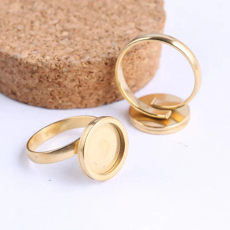 10pcs rose gold plated Fitting 12mm round cabochon ring blanks adjustable stainless steel base setting diy jewelry bezels