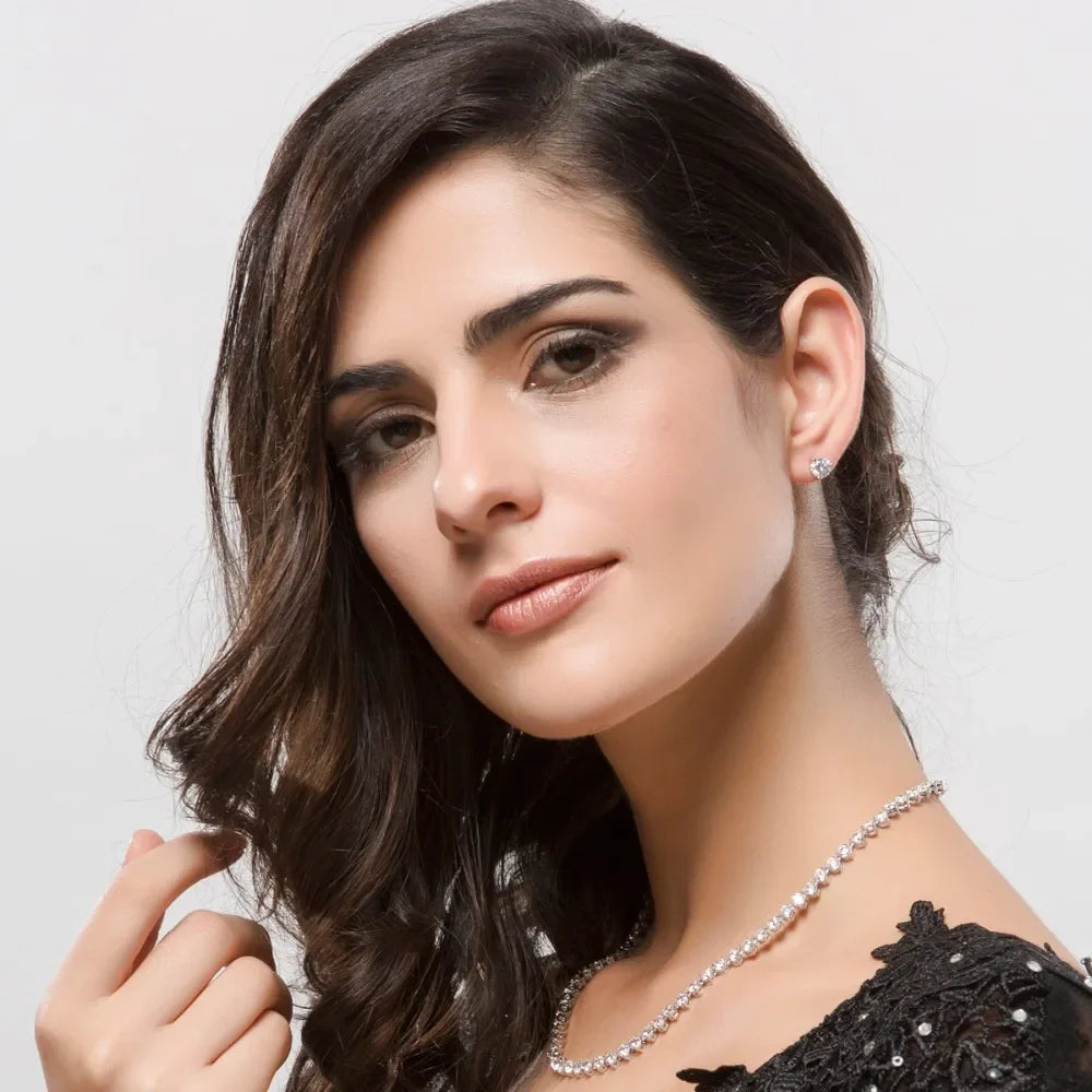Silver Color 3 Prong Round Cubic Zirconia Necklace Earring Bridal Jewelry Set Simple Design Bride Wedding Accessories