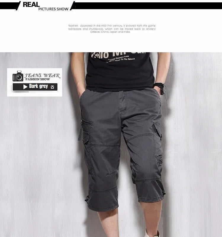 Male Shorts Multi Pocket Summer Loose Zipper Breeches Khaki Grey Plus Size Short Pant Casual Cotton Black Long Mens Cargo Shorts