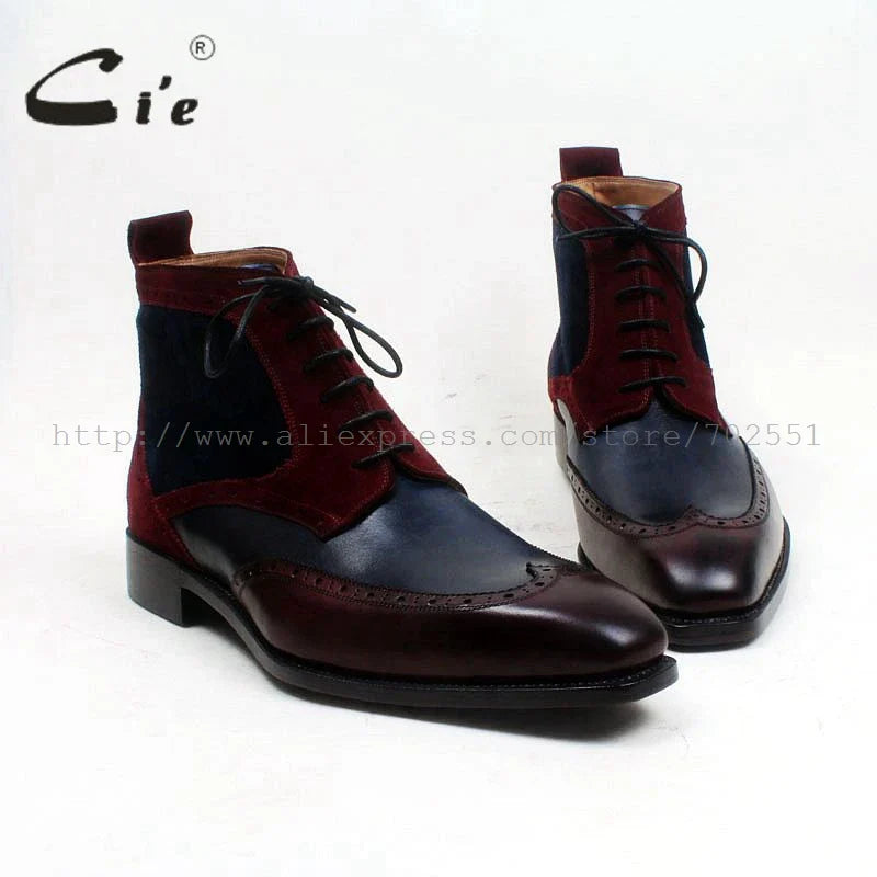أحذية بأطراف مجنحة مربعة الأصابع ألوان مختلطة كحلي خمري 100% جلد عجل طبيعي حذاء طويل مصنوع يدويًا من الجلد المخيط حسب الطلب حذاء كاحل رجالي A102