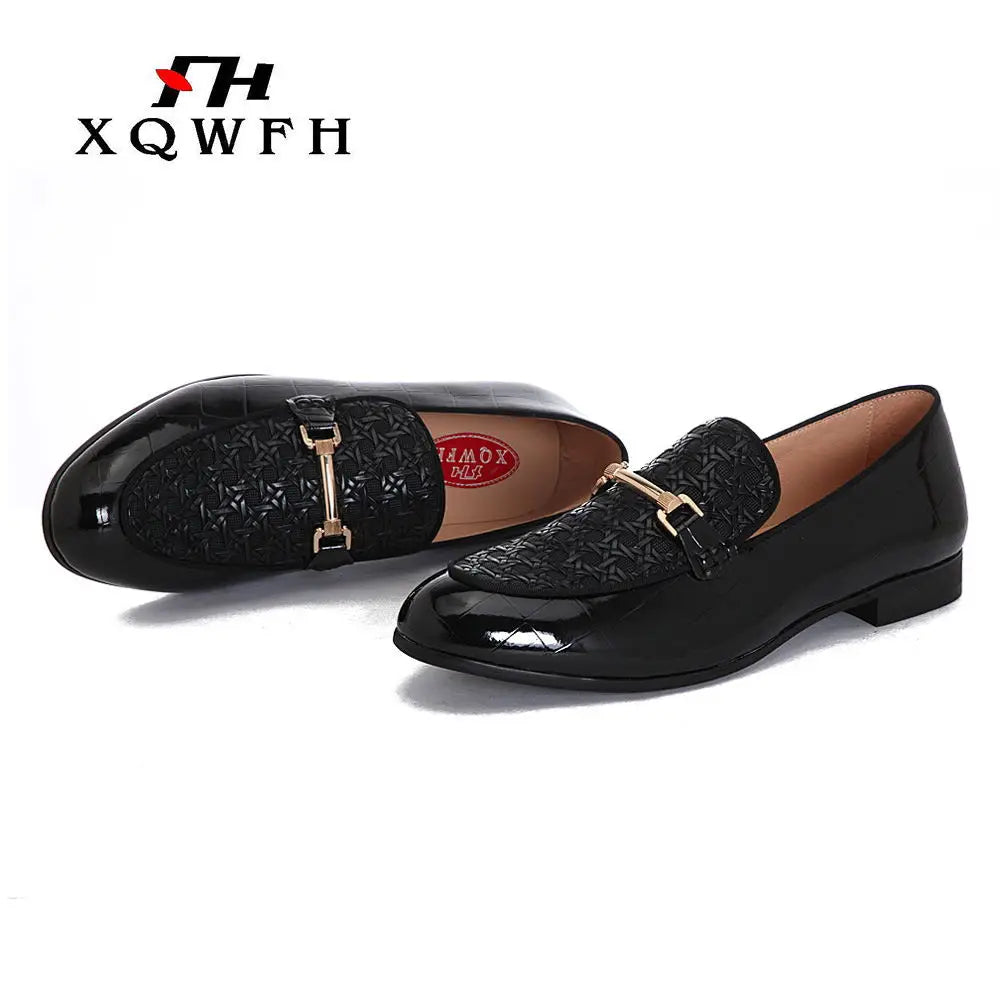 Men Black Leather Shoes Fashion Braid Patterns Casual Shoes Men's Loafers with Gold Chain Buckle Male Wedding Dress Shoes