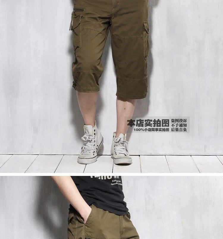 Male Shorts Multi Pocket Summer Loose Zipper Breeches Khaki Grey Plus Size Short Pant Casual Cotton Black Long Mens Cargo Shorts