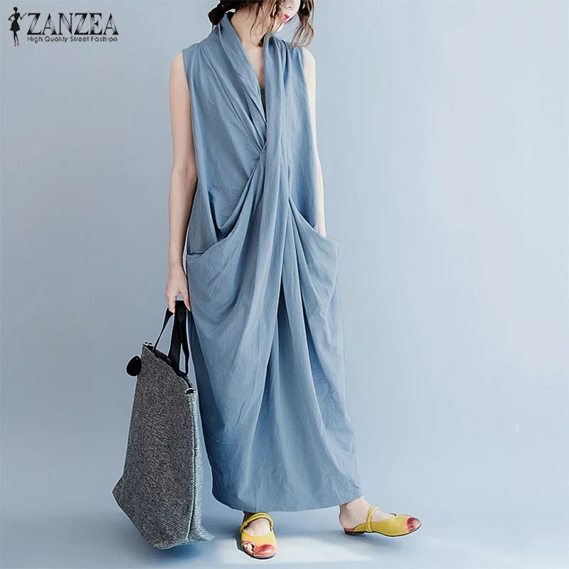 Oversize Asymmetrical Maxi Dress Women's Summer 2025 Holiday Sundress Female V Neck Draped Vestidos Rayon Robes Femme
