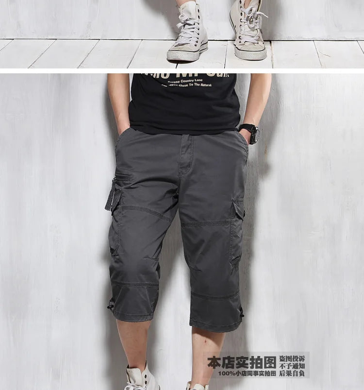 Male Shorts Multi Pocket Summer Loose Zipper Breeches Khaki Grey Plus Size Short Pant Casual Cotton Black Long Mens Cargo Shorts