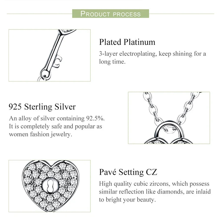 New Arrival Luxury 925 Sterling Silver Love Heart Lock & Key Pendant Necklace for Women Wedding Fine Jewelry SCN315