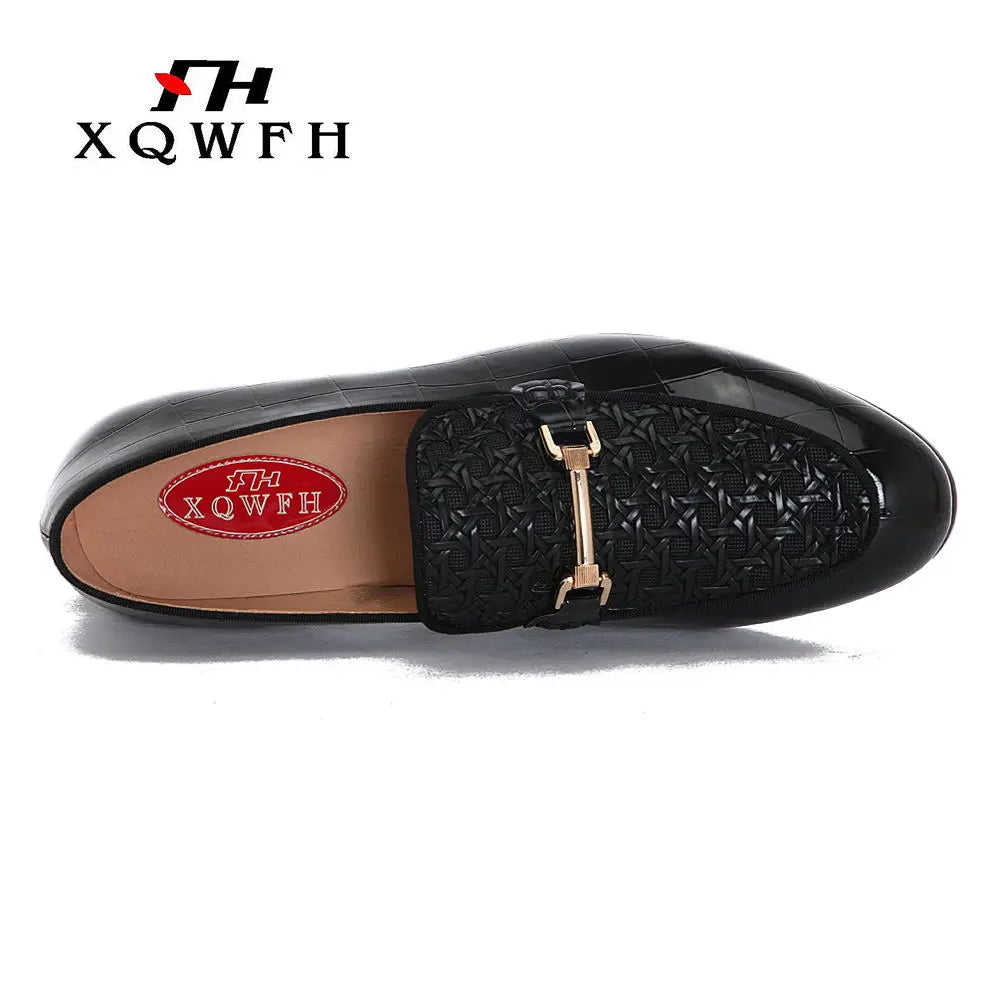 Men Black Leather Shoes Fashion Braid Patterns Casual Shoes Men's Loafers with Gold Chain Buckle Male Wedding Dress Shoes
