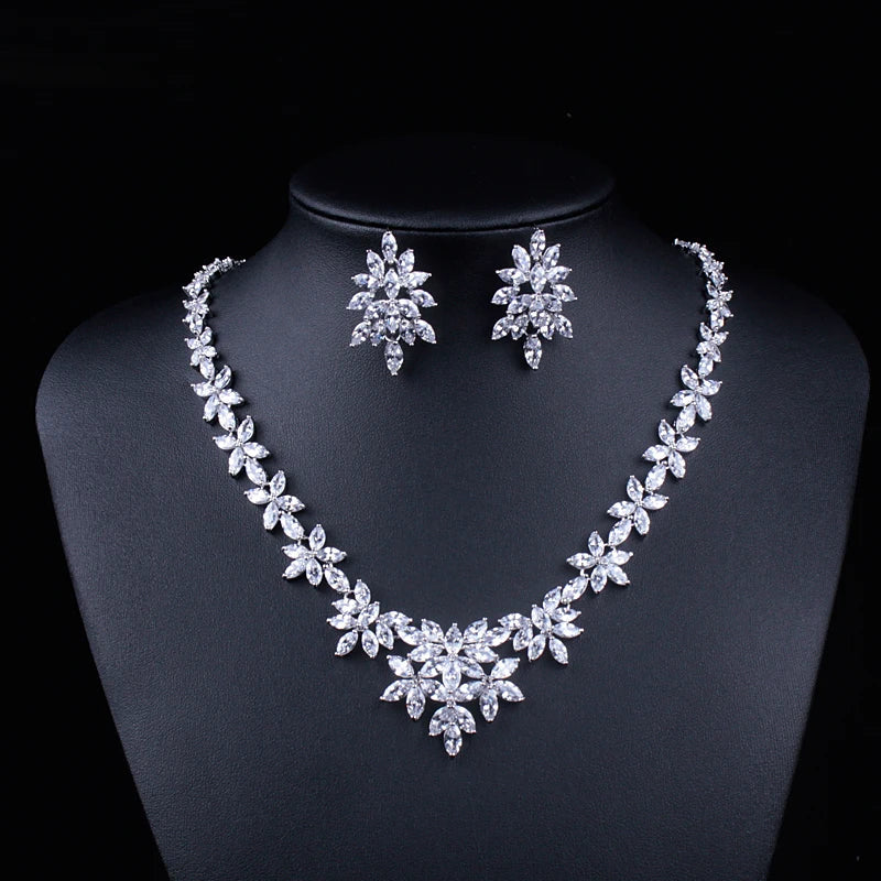 Brand Luxury Marquise Cut Cubic Zirconia Cluster Wedding Necklace and Earring Bridal Jewelry Set