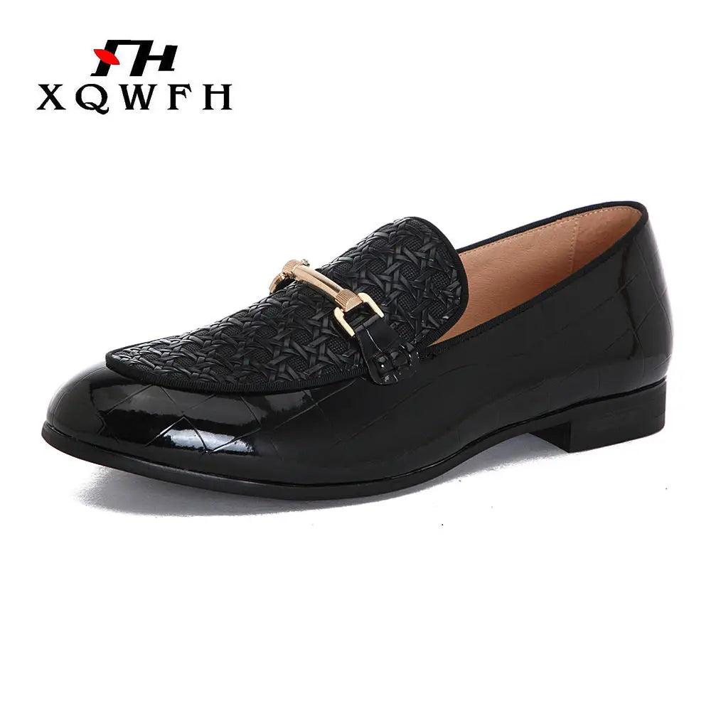 Men Black Leather Shoes Fashion Braid Patterns Casual Shoes Men's Loafers with Gold Chain Buckle Male Wedding Dress Shoes