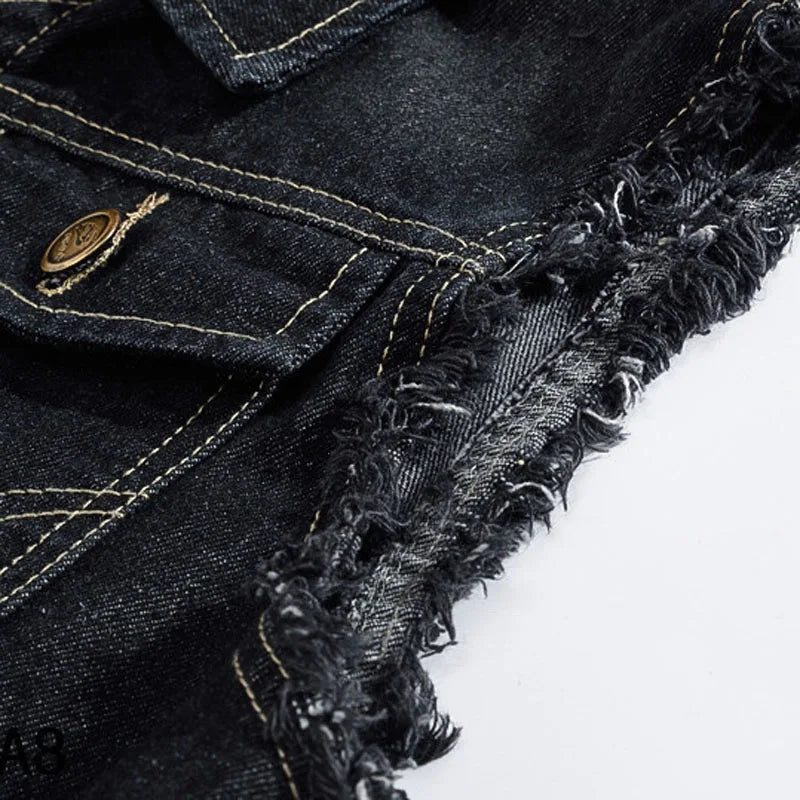 New Spring Autumn Vintage Design Men's Denim Vest Male Black Sleeveless Jackets Men Hole Jeans Brand Waistcoat 6XL,YA566