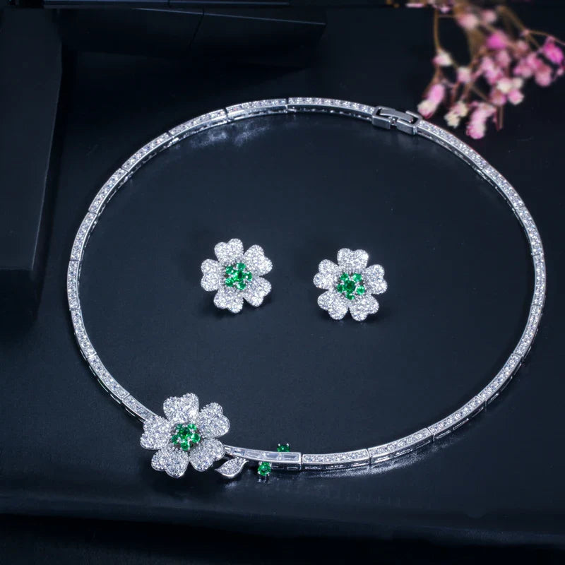 Druzy CZ Stone Big Red Flower Wedding Bridal Choker Necklace and Earrings Party Costume Jewelry Sets for Brides T0518