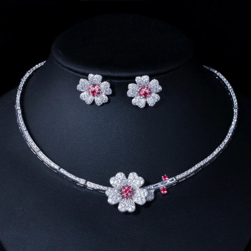 Druzy CZ Stone Big Red Flower Wedding Bridal Choker Necklace and Earrings Party Costume Jewelry Sets for Brides T0518