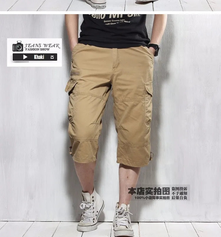 Male Shorts Multi Pocket Summer Loose Zipper Breeches Khaki Grey Plus Size Short Pant Casual Cotton Black Long Mens Cargo Shorts