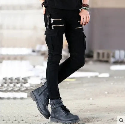 Green Black Denim Biker jeans Men Skinny new Runway Distressed slim elastic homme hip hop Military motorcycle cargo pants