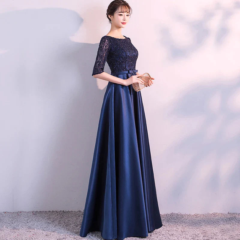 LONG FORMAL EVENING DRESSES ELEGANT LACE SATIN NAVY BLUE VESTIDOS