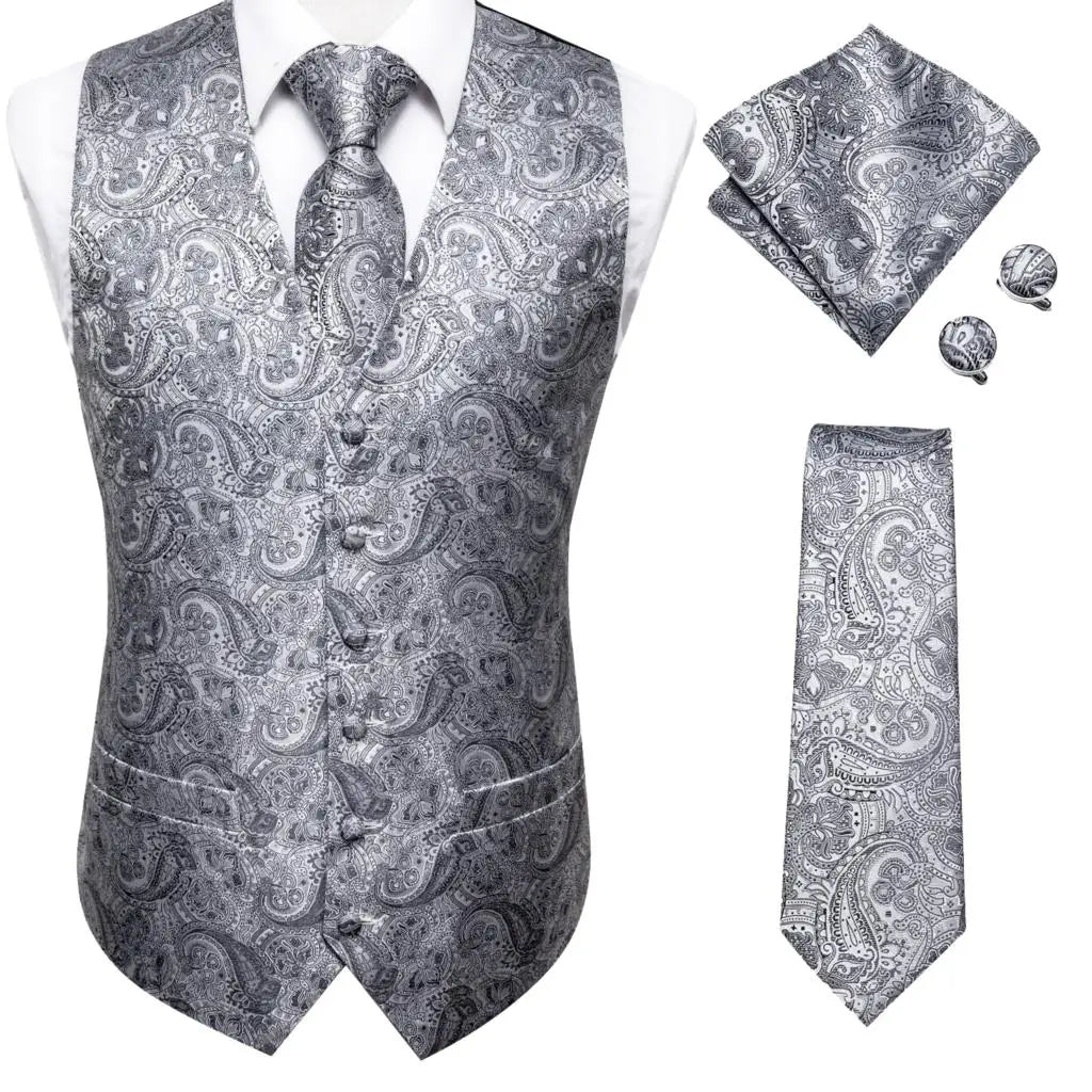 Fashion Silk Vest For Men Classic Gold Champane Yellow Waistcoat Jacket Tie Hankerchief Cufflinks Sets Dress Suit Wedding Hi-Tie