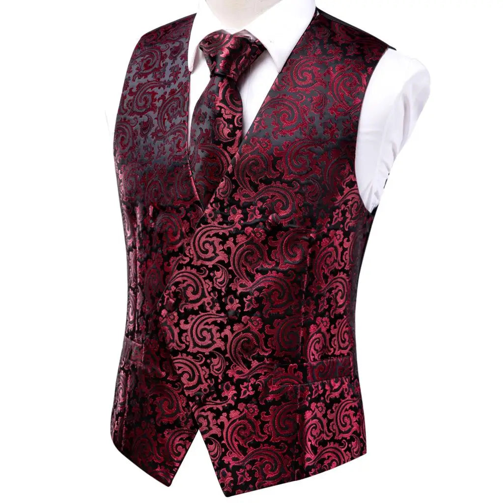 Silk Men's Vests and Tie Business Formal Dresses Slim Vest 4PC Necktie Hanky cufflinks for Suit Blue Paisley Floral Waistcoat