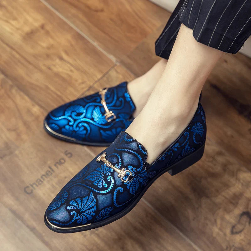 New Men Dress Leather Shoes For Men Luxury British Gold Blue National Pattern Oxfords Classic Gentleman Wedding Prom Shoes
