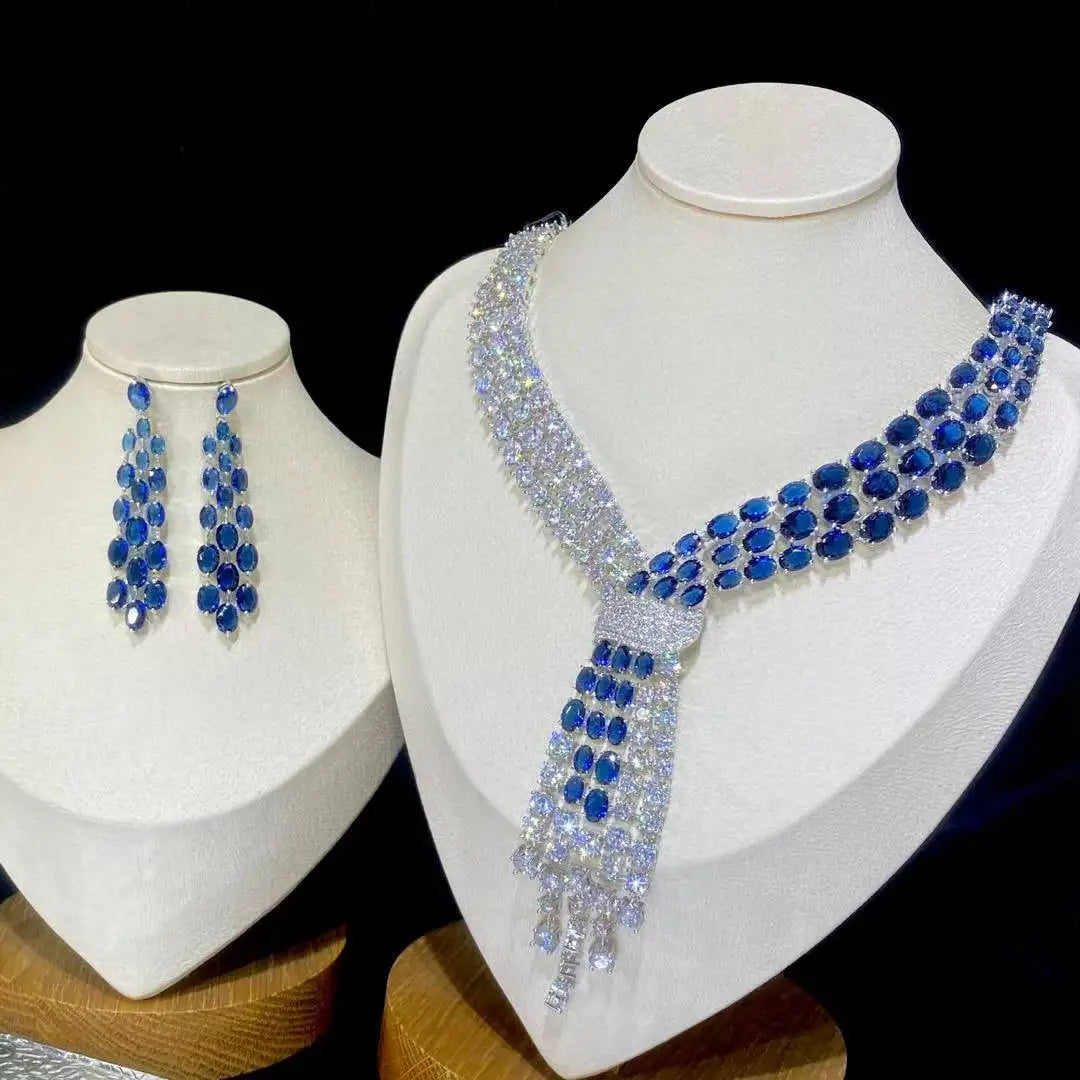 Luxury Blue 2 Piece Tassel Necklace Cubic Zircon Jewelry Set Women Wedding European Party Jewelry Set X0140