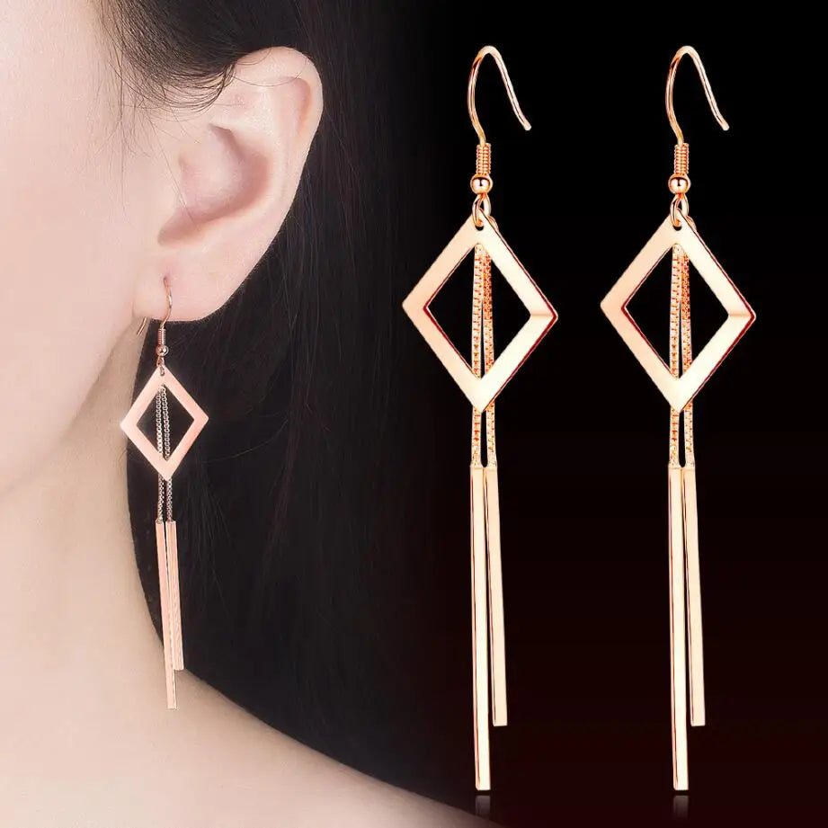 New Trendy Rose Gold 925 Silver Earrings For Women Geometric Hollow Square Long Tassel Earring Female Holiday Jewelry