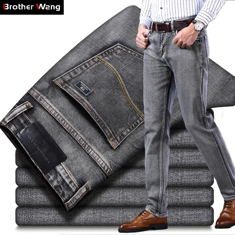 2025 New Men's Stretch Regular Fit Jeans Business Casual Classic Style Fashion Denim Trousers Male Black Blue Gray Pants