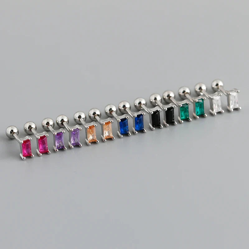 925 Sterling Silver Colorful Square Shiny Zircon Beads Piercing Stud Earrings for Women Fashion Gothic Exquisite Jewelry